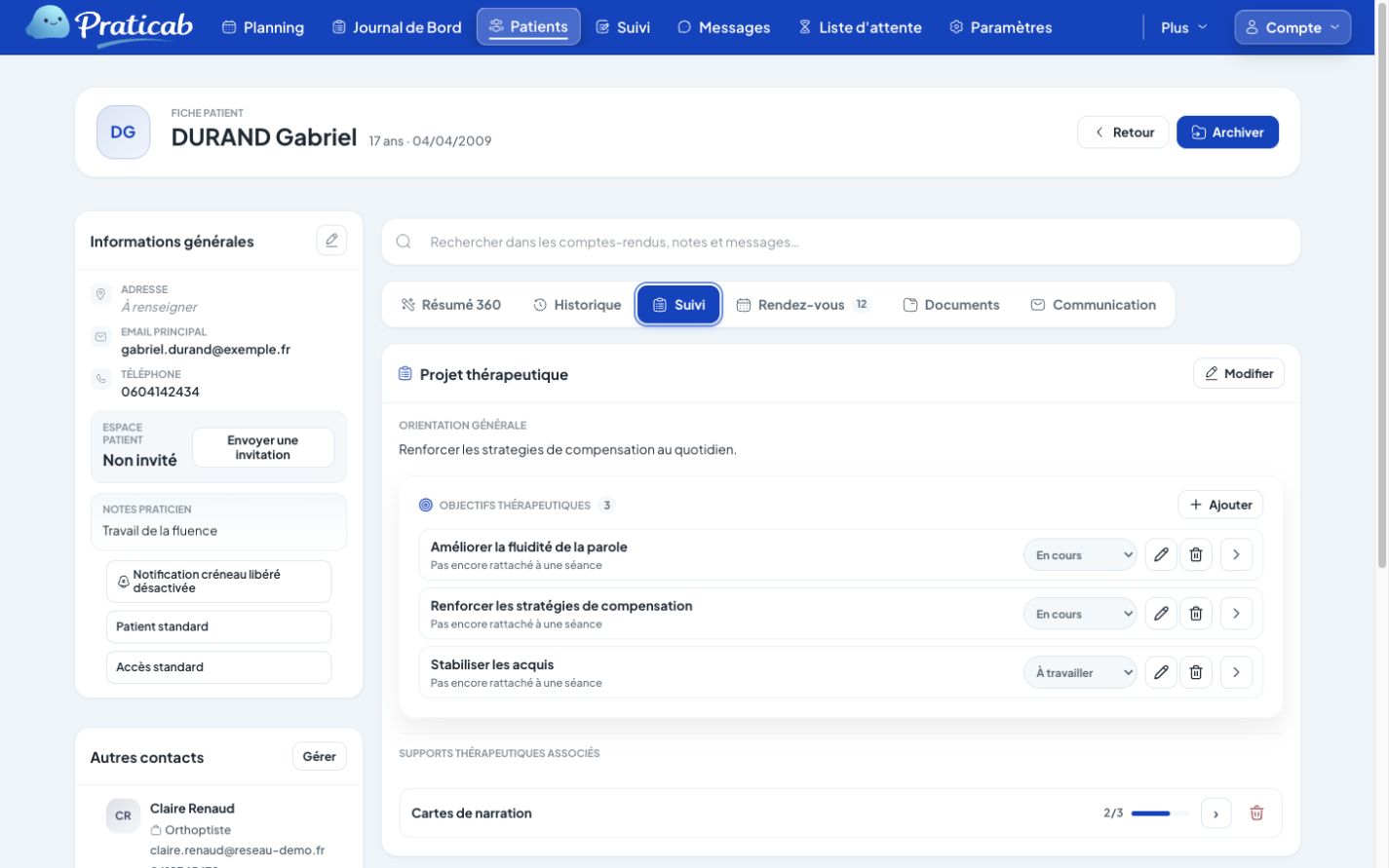 Vue cabinet — plannings, patients et partage